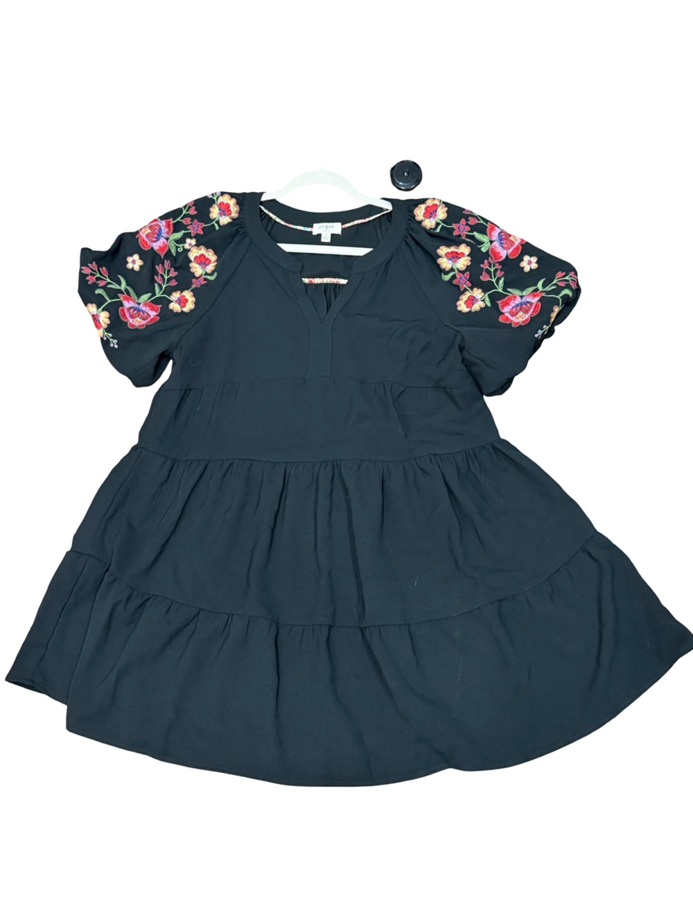 ✨ Umgee Black Dress with Floral Embroidered Puff Sleeves Size S - Picture 10 of 12